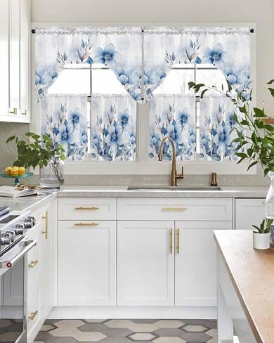 Tier and Swag Window Curtain Set,Summer Watercolor Blue Flowers Kitchen Valance Tier Curtains 3 Pieces Set,Summer Natural Plants Rod Pocket Valances Window Treatment for Living Room Bedroom in Kuwait