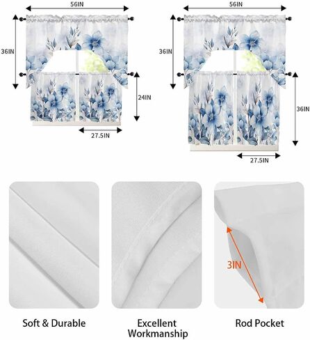 Tier and Swag Window Curtain Set,Summer Watercolor Blue Flowers Kitchen Valance Tier Curtains 3 Pieces Set,Summer Natural Plants Rod Pocket Valances Window Treatment for Living Room Bedroom in Kuwait