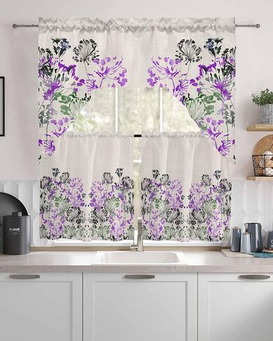 Tier and Swag Window Curtain Set,Summer Watercolor Blue Flowers Kitchen Valance Tier Curtains 3 Pieces Set,Summer Natural Plants Rod Pocket Valances Window Treatment for Living Room Bedroom in Kuwait