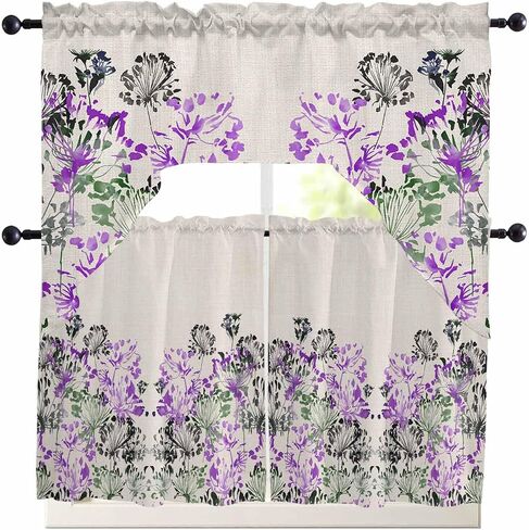 Tier and Swag Window Curtain Set,Summer Watercolor Blue Flowers Kitchen Valance Tier Curtains 3 Pieces Set,Summer Natural Plants Rod Pocket Valances Window Treatment for Living Room Bedroom in Kuwait
