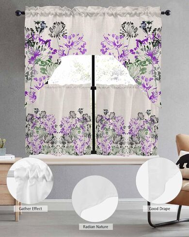 Tier and Swag Window Curtain Set,Summer Watercolor Blue Flowers Kitchen Valance Tier Curtains 3 Pieces Set,Summer Natural Plants Rod Pocket Valances Window Treatment for Living Room Bedroom in Kuwait