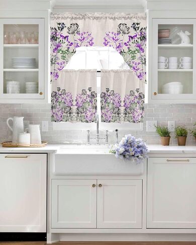 Tier and Swag Window Curtain Set,Summer Watercolor Blue Flowers Kitchen Valance Tier Curtains 3 Pieces Set,Summer Natural Plants Rod Pocket Valances Window Treatment for Living Room Bedroom in Kuwait