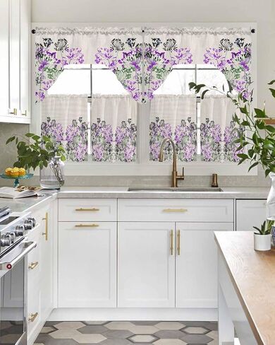 Tier and Swag Window Curtain Set,Summer Watercolor Blue Flowers Kitchen Valance Tier Curtains 3 Pieces Set,Summer Natural Plants Rod Pocket Valances Window Treatment for Living Room Bedroom in Kuwait