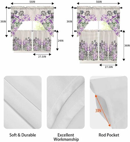 Tier and Swag Window Curtain Set,Summer Watercolor Blue Flowers Kitchen Valance Tier Curtains 3 Pieces Set,Summer Natural Plants Rod Pocket Valances Window Treatment for Living Room Bedroom in Kuwait