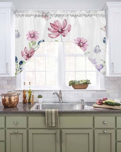 Tier and Swag Window Curtain Set,Summer Watercolor Blue Flowers Kitchen Valance Tier Curtains 3 Pieces Set,Summer Natural Plants Rod Pocket Valances Window Treatment for Living Room Bedroom in Kuwait