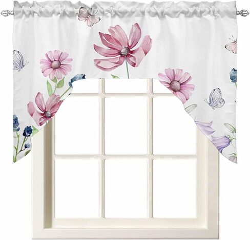 Tier and Swag Window Curtain Set,Summer Watercolor Blue Flowers Kitchen Valance Tier Curtains 3 Pieces Set,Summer Natural Plants Rod Pocket Valances Window Treatment for Living Room Bedroom in Kuwait