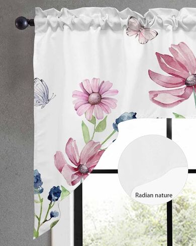 Tier and Swag Window Curtain Set,Summer Watercolor Blue Flowers Kitchen Valance Tier Curtains 3 Pieces Set,Summer Natural Plants Rod Pocket Valances Window Treatment for Living Room Bedroom in Kuwait