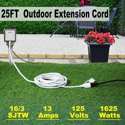 20 Feet Outdoor Extension Cord Waterproof 16AWG 90Degree Flat Plug Outdoor Extension Cord,White Garden All Weather 16AWG 13Amp 1625Watt Grounded 3Prong SJTW Extension Cord in Saudi Arabia