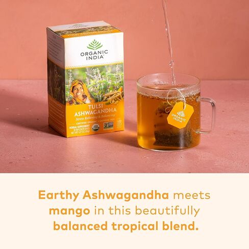 Organic India Tulsi Hibiscus Herbal Tea - Stress Relieving & Gratifying, Immune Support, Adaptogen, Vegan, USDA Certified Organic, Non-GMO, Calming, Caffeine-Free - 18 Infusion Bags, 6 Pack in Kuwait