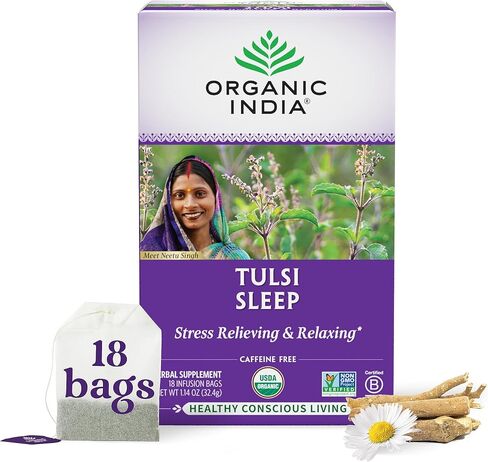 Organic India Tulsi Hibiscus Herbal Tea - Stress Relieving & Gratifying, Immune Support, Adaptogen, Vegan, USDA Certified Organic, Non-GMO, Calming, Caffeine-Free - 18 Infusion Bags, 6 Pack in Kuwait