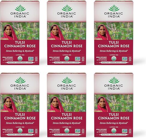 Organic India Tulsi Hibiscus Herbal Tea - Stress Relieving & Gratifying, Immune Support, Adaptogen, Vegan, USDA Certified Organic, Non-GMO, Calming, Caffeine-Free - 18 Infusion Bags, 6 Pack in Saudi Arabia