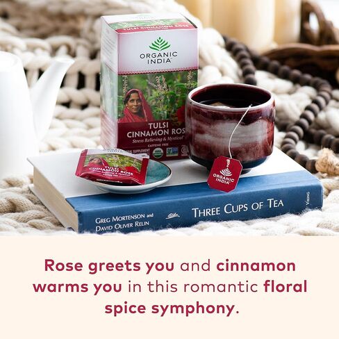 Organic India Tulsi Hibiscus Herbal Tea - Stress Relieving & Gratifying, Immune Support, Adaptogen, Vegan, USDA Certified Organic, Non-GMO, Calming, Caffeine-Free - 18 Infusion Bags, 6 Pack in Saudi Arabia