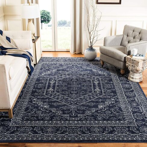 SAFAVIEH Adirondack Collection Area Rug - 10' Square, Navy & Ivory, Oriental Medallion Design, Non-Shedding & Easy Care, Ideal for High Traffic Areas in Living Room, Bedroom (ADR108N) in Saudi Arabia