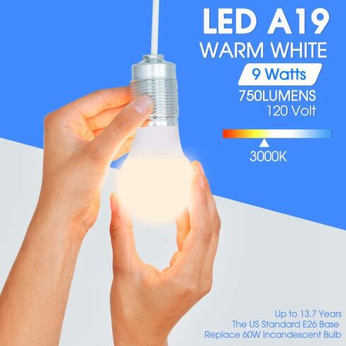 إضاءة حيوية 24 حزمة مصابيح LED 60 وات A19، أبيض دافئ 3000K، E26 مصابيح إضاءة LED ذات قاعدة متوسطة، 750 لومن، غير قابلة للتعتيم، مدرجة في قائمة UL in Kuwait