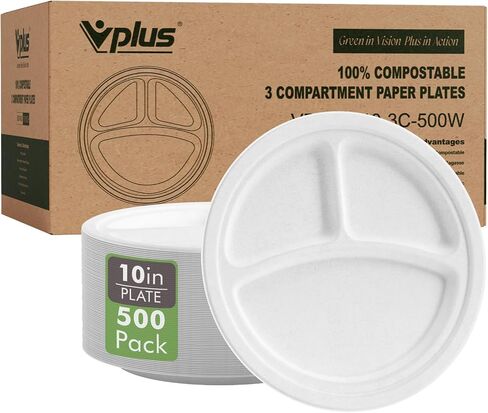 Vplus 100% Compostable Paper Plates, 500 Pack 10 Inch 3 Compartment Plates Disposable, Heavy Duty Biodegradable Plates Made of Sugar Cane Fibers, for Daily meals, Dinner, Parties, BBQ in Kuwait
