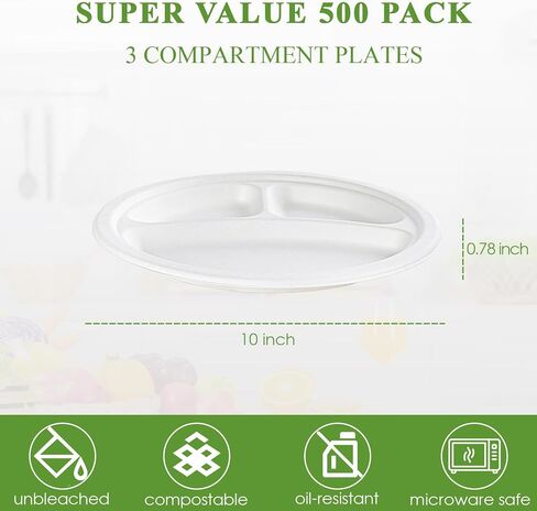 Vplus 100% Compostable Paper Plates, 500 Pack 10 Inch 3 Compartment Plates Disposable, Heavy Duty Biodegradable Plates Made of Sugar Cane Fibers, for Daily meals, Dinner, Parties, BBQ in Kuwait