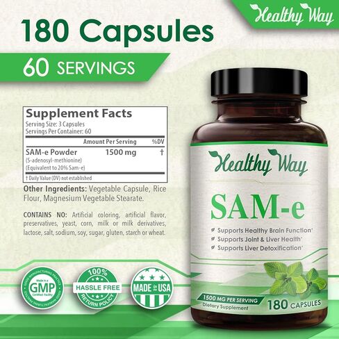 Healthy Way Pure SAM-e 1500 مجم (لكل جرعة) 180 كبسولة (S-Adenosyl Methionine) يدعم وظيفة الدماغ in Kuwait