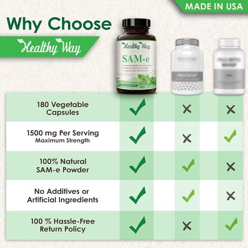 Healthy Way Pure SAM-e 1500 مجم (لكل جرعة) 180 كبسولة (S-Adenosyl Methionine) يدعم وظيفة الدماغ in Kuwait