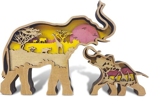 iDOTODO Elephant and Mountains Layered Wooden Carved Ornament with Lights, Forest Animal Multi-Layered 3D Decor in Kuwait