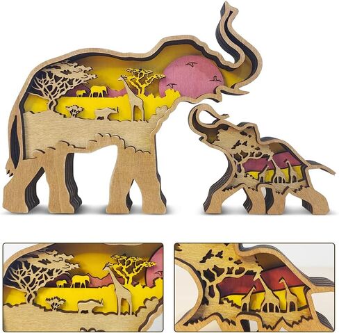 iDOTODO Elephant and Mountains Layered Wooden Carved Ornament with Lights, Forest Animal Multi-Layered 3D Decor in Kuwait