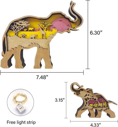 iDOTODO Elephant and Mountains Layered Wooden Carved Ornament with Lights, Forest Animal Multi-Layered 3D Decor in Kuwait