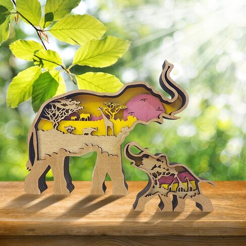 iDOTODO Elephant and Mountains Layered Wooden Carved Ornament with Lights, Forest Animal Multi-Layered 3D Decor in Kuwait