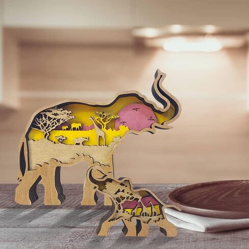 iDOTODO Elephant and Mountains Layered Wooden Carved Ornament with Lights, Forest Animal Multi-Layered 3D Decor in Kuwait