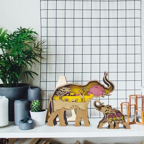 iDOTODO Elephant and Mountains Layered Wooden Carved Ornament with Lights, Forest Animal Multi-Layered 3D Decor in Kuwait