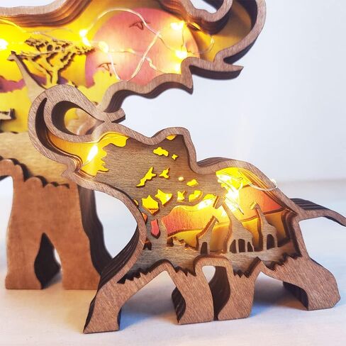 iDOTODO Elephant and Mountains Layered Wooden Carved Ornament with Lights, Forest Animal Multi-Layered 3D Decor in Kuwait