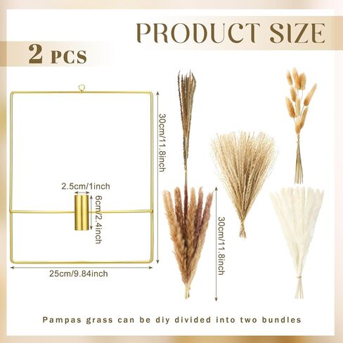 Peryiter 2 Pcs Gold Wall Decor Boho Pampas Wall Decor Hanging Planters with Artificial Pampas Wall Mounted Metal Modern Home Decor Display Wall Art Bedroom Bathroom Living Room(Rectangular) in Saudi Arabia