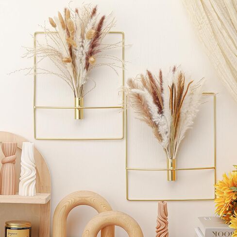 Peryiter 2 Pcs Gold Wall Decor Boho Pampas Wall Decor Hanging Planters with Artificial Pampas Wall Mounted Metal Modern Home Decor Display Wall Art Bedroom Bathroom Living Room(Rectangular) in Saudi Arabia