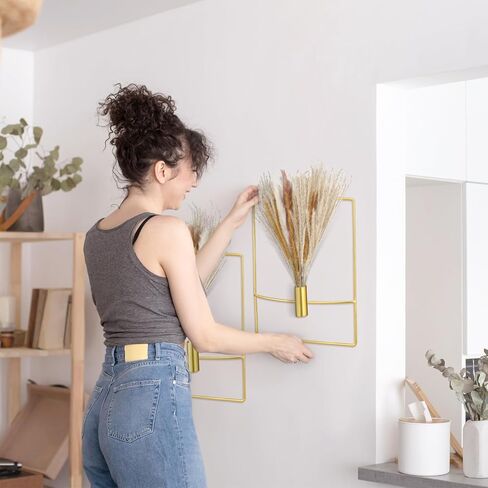 Peryiter 2 Pcs Gold Wall Decor Boho Pampas Wall Decor Hanging Planters with Artificial Pampas Wall Mounted Metal Modern Home Decor Display Wall Art Bedroom Bathroom Living Room(Rectangular) in Saudi Arabia