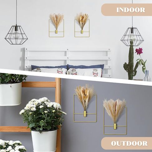 Peryiter 2 Pcs Gold Wall Decor Boho Pampas Wall Decor Hanging Planters with Artificial Pampas Wall Mounted Metal Modern Home Decor Display Wall Art Bedroom Bathroom Living Room(Rectangular) in Saudi Arabia