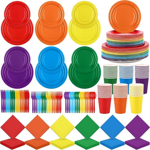 Durony 504-Piece Party Tableware Set - Rainbow Disposable Serves 72 Guests - 7" & 9" Paper Plates, 9oz Cups, Napkins, Plastic Cutlery, Decorations, Neon Supplies in Saudi Arabia