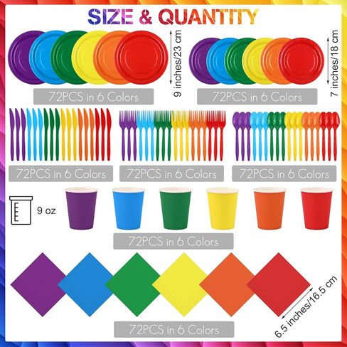 Durony 504-Piece Party Tableware Set - Rainbow Disposable Serves 72 Guests - 7" & 9" Paper Plates, 9oz Cups, Napkins, Plastic Cutlery, Decorations, Neon Supplies in Saudi Arabia