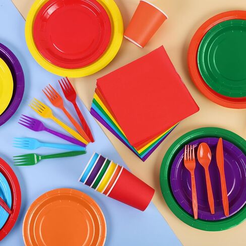 Durony 504-Piece Party Tableware Set - Rainbow Disposable Serves 72 Guests - 7" & 9" Paper Plates, 9oz Cups, Napkins, Plastic Cutlery, Decorations, Neon Supplies in Saudi Arabia