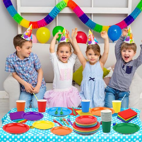 Durony 504-Piece Party Tableware Set - Rainbow Disposable Serves 72 Guests - 7" & 9" Paper Plates, 9oz Cups, Napkins, Plastic Cutlery, Decorations, Neon Supplies in Saudi Arabia