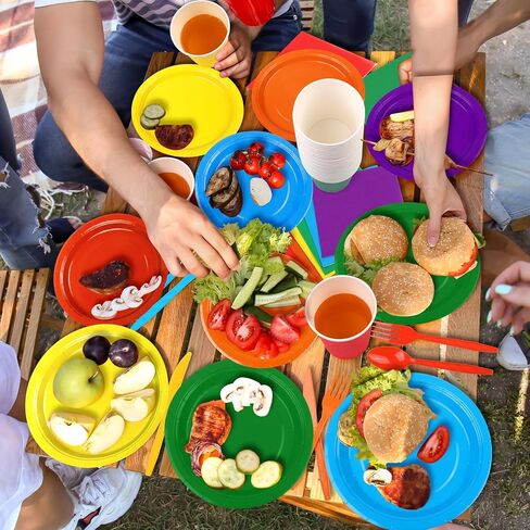Durony 504-Piece Party Tableware Set - Rainbow Disposable Serves 72 Guests - 7" & 9" Paper Plates, 9oz Cups, Napkins, Plastic Cutlery, Decorations, Neon Supplies in Saudi Arabia