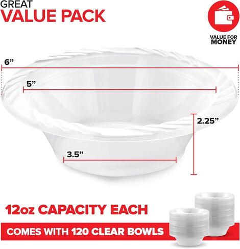 120 Pack 12 oz Elegant Clear Plastic Bowls for Parties Small Disposable Bowl for Fancy Dinner or Cocktail Party, Soup and Salad, Thick and Sturdy in Saudi Arabia