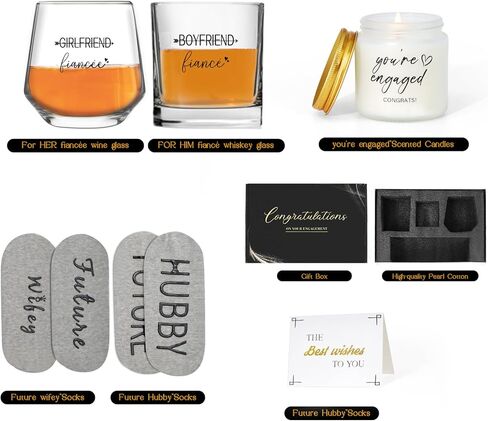 هدايا الخطوبة للأزواج - مجموعة النبيذ وكؤوس الويسكي للصديق والصديقة، السيد والسيدة المستقبلية.' جوارب، شمعة، بطاقات تهنئة - هدايا زفاف للعروس والعريس، هدايا خطوبة رائعة للنساء والأزواج in Kuwait