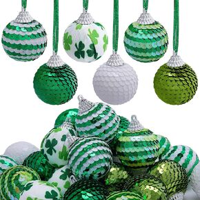 Watayo 24 Pcs St.Patrick Day Sequin Balls Ornament- 1.6 Inch Green Shamrock Hanging Balls Ornament- Good Luck Clover Balls for Tree St.Patrick's Day Irish Festival Party Decoration