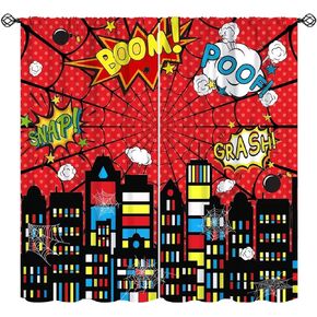 Super City Hero Kids Window Curtains Comic Style Cityscape Red Black Spider Web Window Curtain for Boys Baby Room Bedroom Nursery Living Room Playroom Window Drapes 42" W X 45" L