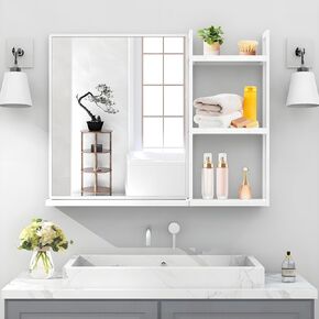Bathroom Mirror with Storage Shelf 31 x 24.4 Inch Modern Rectangle Black Wall Mirror for Bathroom, Metal Framed Bathroom Vanity for Over Sink/Entrance