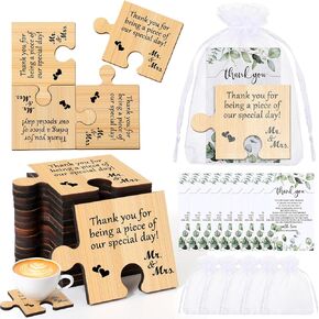 Uiifan 48 Sets Wedding Thank You Favors for Guests, 48 Puzzle Piece Coasters 48 Wedding Thank You Cards and Organza Bags for Wedding Gifts, Wedding Souvenirs for Guests