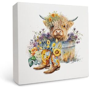 OFlich Highland Cow Decor - Fall Pumpkin Highland Cow Nursery Wood Box Sign, Cow Decorations for Home, Fall Decor, Cow Desk Decor, Cow Bedroom Decor, Cow Room Decor, Cow Nursery Decor, 5x5 Inches