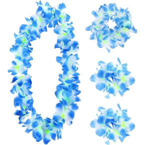 4 Pieces Colorful Hawaiian Leis, Graduation Flower Leis Accessories Artificial Hawaiian Flower Necklace Headband Hand Garlands Leis Set for Graduation Party Dance Party Costumes Accessories, Blue