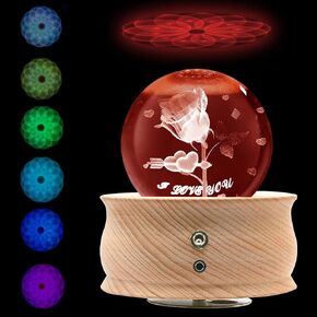 DCOVOR Music Box 3D Rose Crystal Ball for Girls Women, Wooden Musical Crystal Globe with Projection Led Light, Anniversary Birthday Mothers Day Christmas Thanksgiving Gift for Daughter Wife Kids