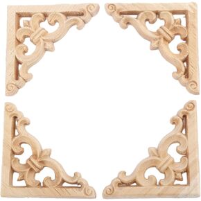 MUXSAM 4Pcs Wood Carved Appliques Onlays, Unpainted Wooden Corner Carvings Decals Frame Molding Set for Wall Door Mirror Cabinet Dresser Cupboard Headboard Wardrobe Closet Decor, 6x6cm/2.36"x2.36"