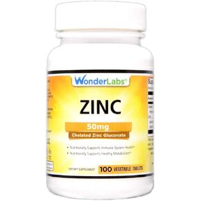 Chelated Zinc Gluconate 50 mg - Supports Healthy Skin, Immune System, Cell Growth, and More - 100 Vegetarian Tablets