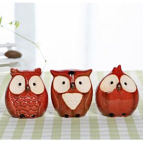 WOMHOPE Set of 3 Small Wise Owls Figurine House Warming Gift Tabletop Shelf Ceramic Home Decorative Collectible Figurine Statues (Dark beige (Set of 3 pcs))